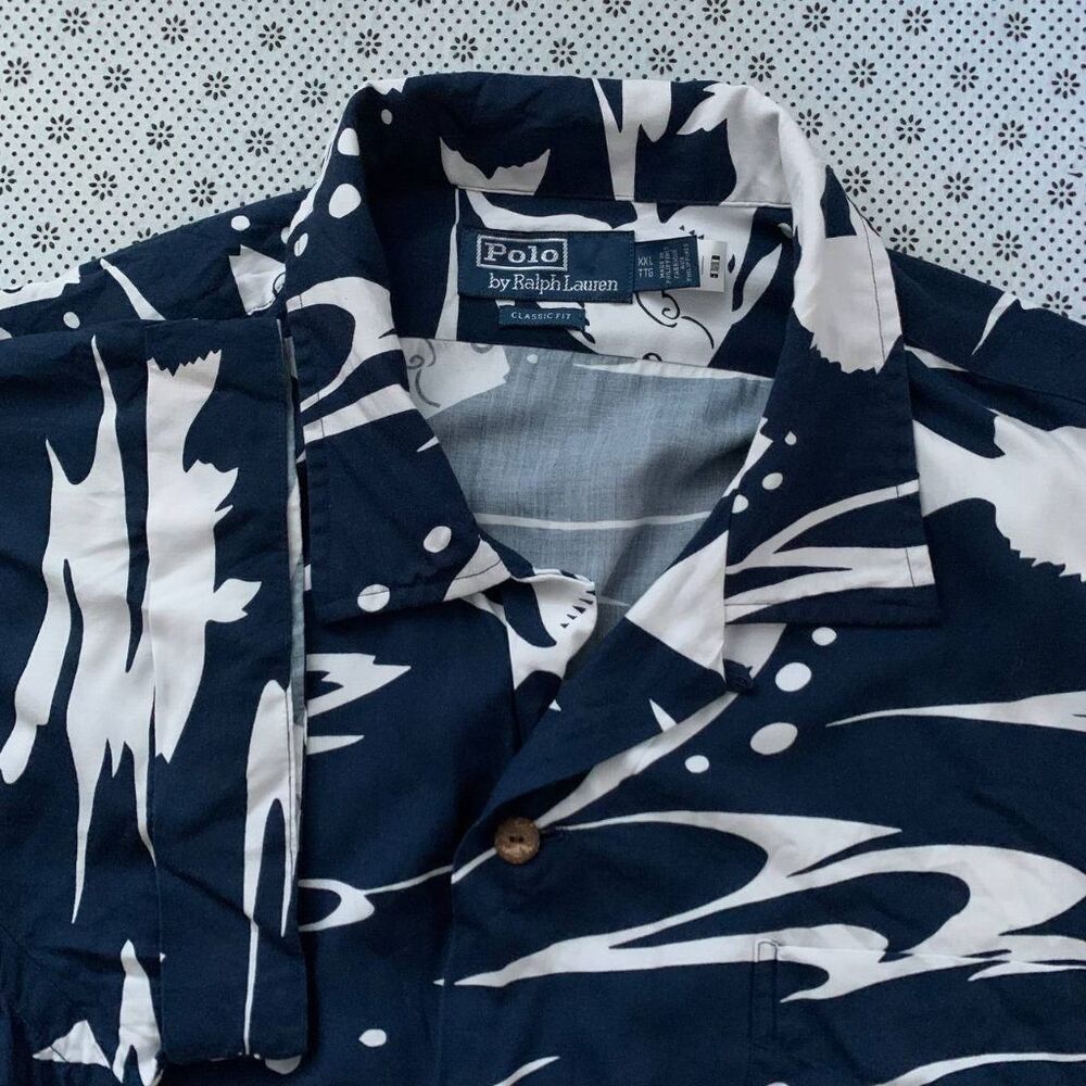 Polo Ralph Lauren XXL Hawaiian Shirt Fish Print Navy Blue Classic Fit Camp